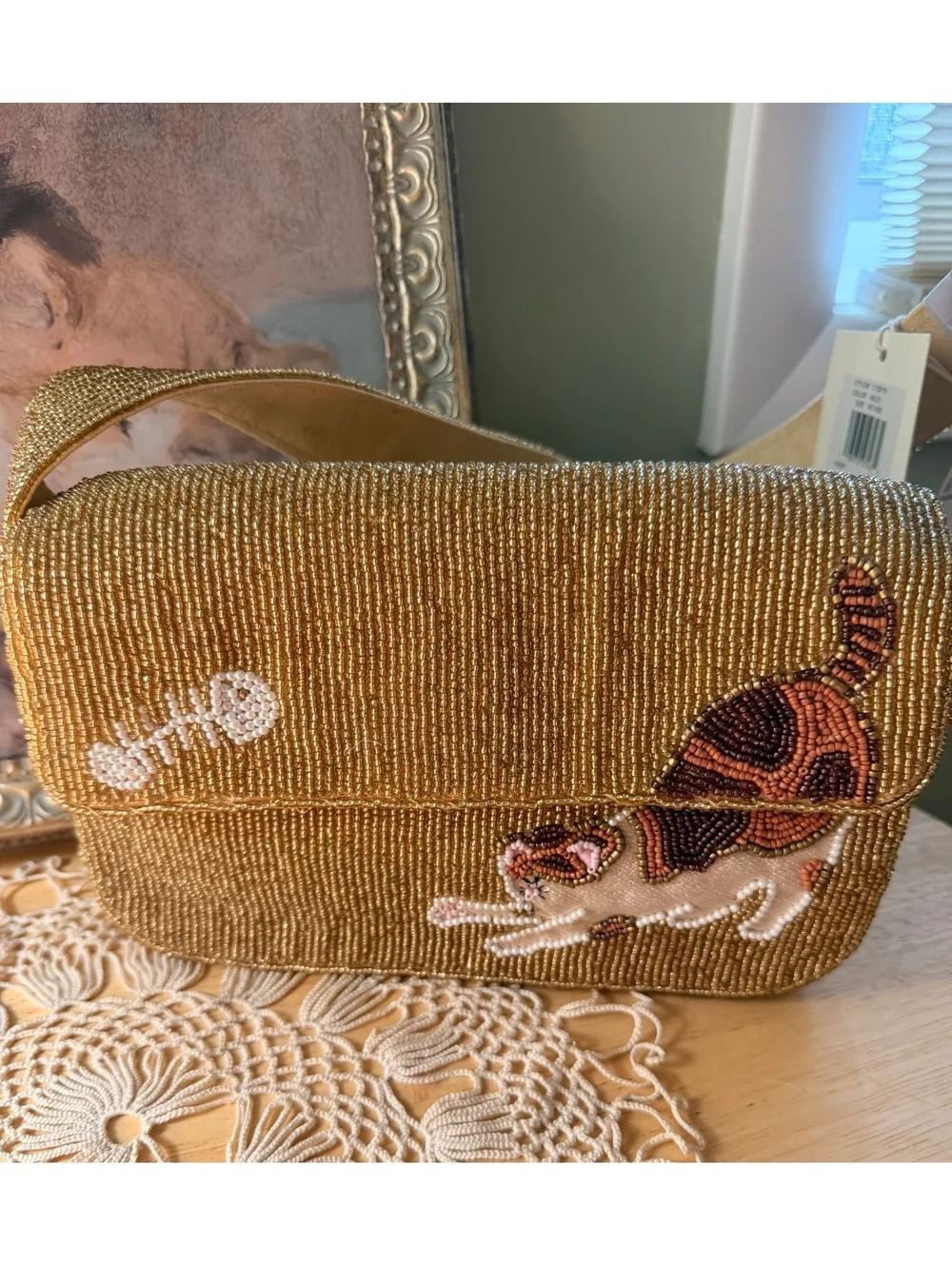 Sol Mer Beaded Cat Design Shoulder Bag Purse